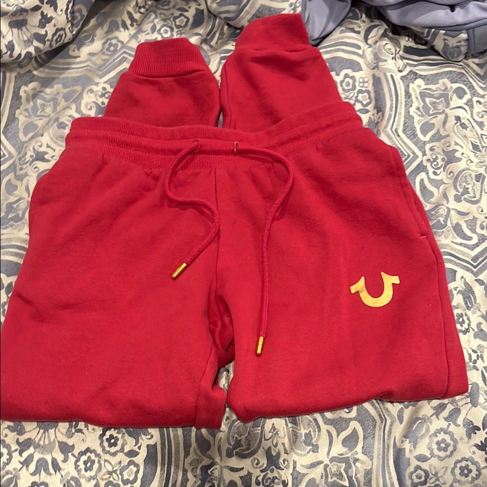 True Religion Red and Gold Joggers with Embroidered Detail